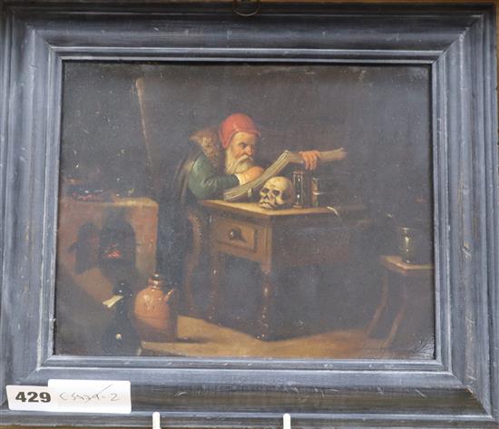 19th century German School, oil on zinc, The Scholar, 19 x 24cm.